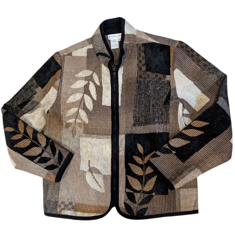 Vintage Coldwater Creek Petite Small Brown Floral Zip Jacket Blazer Boho
